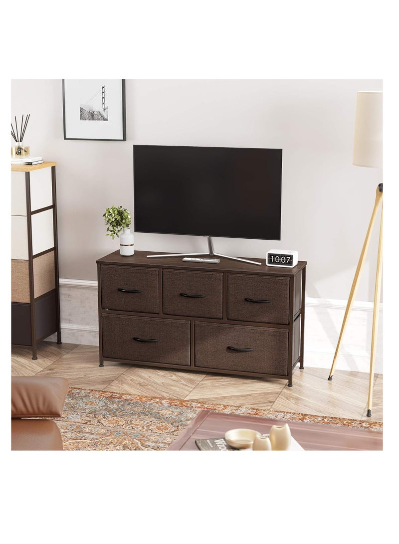 Generic Wooden Chest Of Drawers, Fabric 5-Drawer Dresser Vanity Table with Steel Frame for Bedroom, Dressing Table Organizer with Wood Desktop, Multifunction Storage Cabinet for Closet Entryway Living Room.  - Image 1