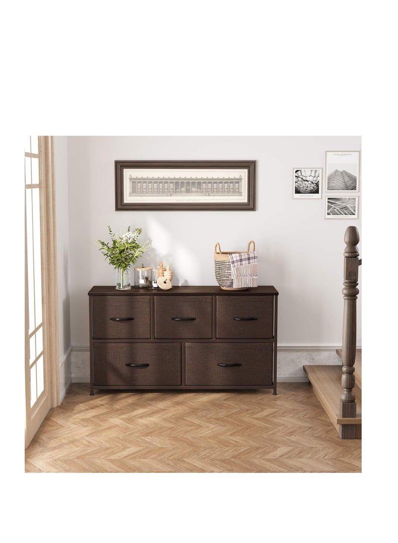 Generic Wooden Chest Of Drawers, Fabric 5-Drawer Dresser Vanity Table with Steel Frame for Bedroom, Dressing Table Organizer with Wood Desktop, Multifunction Storage Cabinet for Closet Entryway Living Room.  - Image 3