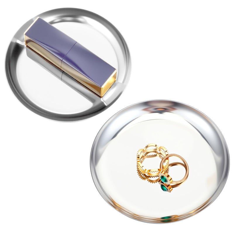 Gtziqa 2 Pcs Silver Tray, 4 Inch Stainless Steel Round Serving Tray Circle Jewelry Trays Decorative Coffee Table Trays Display Serving Platter Candle Plate for Bathroom, Candle, Perfume, Countertop - Image 1
