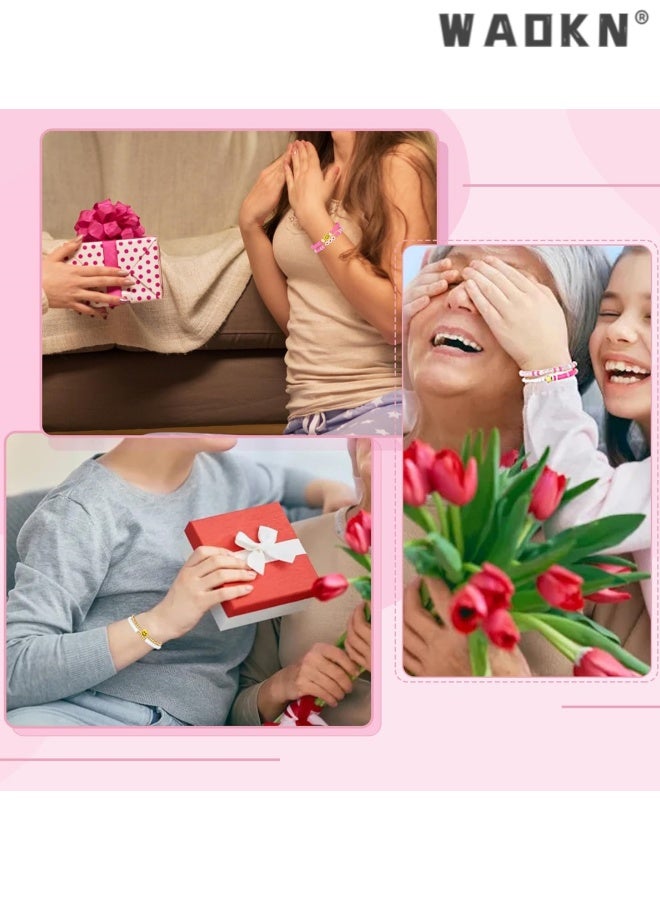 دبليو أيه أو كي أن 7pcs سوارات مجموعة ملونة ابتسامة قلب نجمة البوليمر الخرزات اللؤلؤة الطين المكدسة السحر Y2K الجمالية الصيف الشاطئ بوهيمية التمدد طبقات سوارات المجوهرات ، مناسبة للبنات والنساء المراهقين ، الوردي. - Image 4