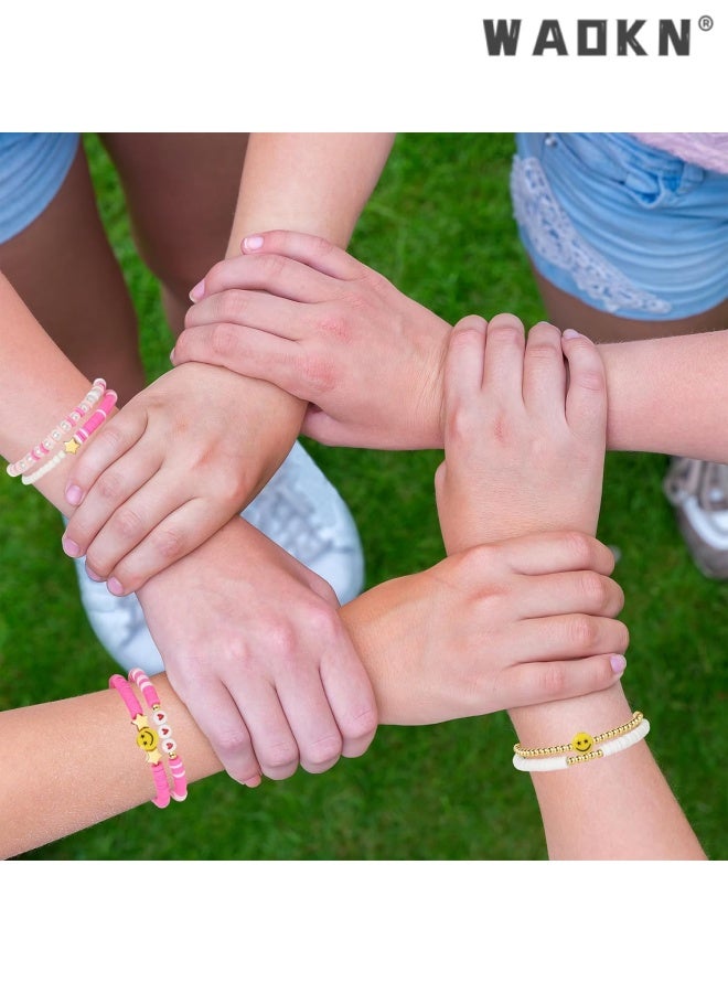 دبليو أيه أو كي أن 7pcs سوارات مجموعة ملونة ابتسامة قلب نجمة البوليمر الخرزات اللؤلؤة الطين المكدسة السحر Y2K الجمالية الصيف الشاطئ بوهيمية التمدد طبقات سوارات المجوهرات ، مناسبة للبنات والنساء المراهقين ، الوردي. - Image 3