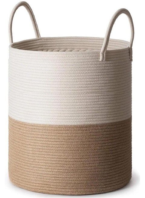 Foldable Woven Laundry Hamper, Dirty Clothes Storage Basket for Bathroom Bedroom with Handle, Handmade (White and Brown )