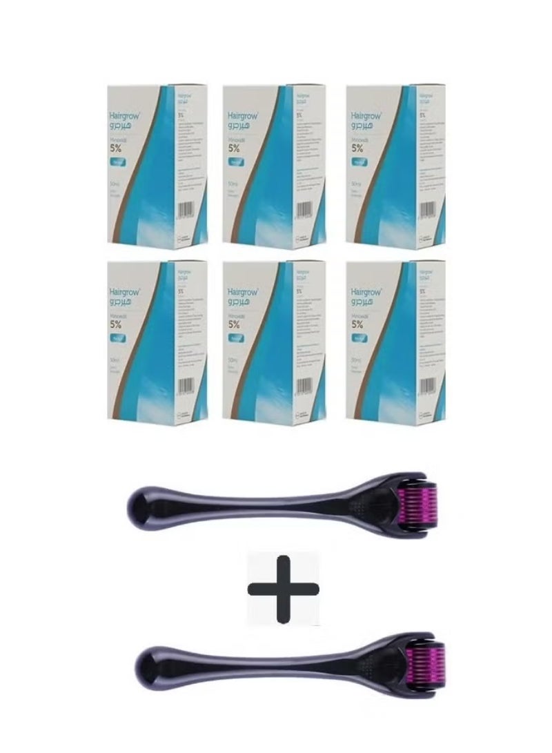 Hair Grow Hairgrow 5% minoxidil Pack of 6 x 50ml  6 months supply with Two Derma Roller Hair Growth 1mm 
