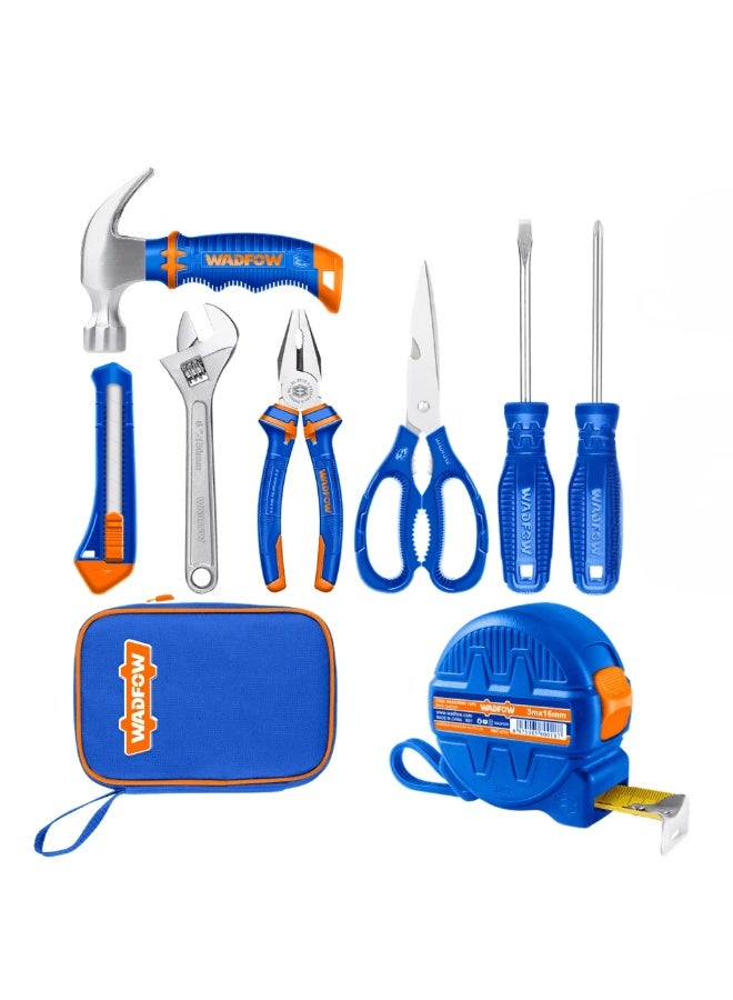 WADFOW 8-Piece Hand Tool Set WHS1M08 – General Household Tool Kit with 8oz Mini Claw Hammer, 6" Combination Pliers, Adjustable Wrench, Utility Knife, Screwdrivers & Tape Measure for DIY Home Repairs - Image 1