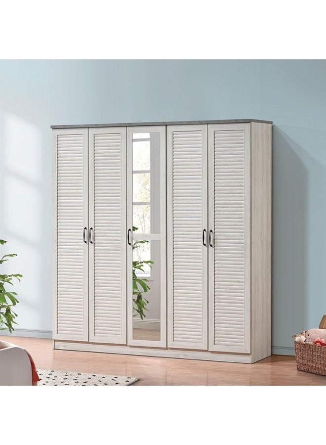 DANUBE HOME خزانة زينيث ذات 5 أبواب مع أدراج ومرآة لتعليق الملابس، رف تخزين قوي إضافي، منظم بتصميم حديث، خزائن موفرة للمساحة لغرفة النوم - بلوط أبيض/أسمنت - Image 1