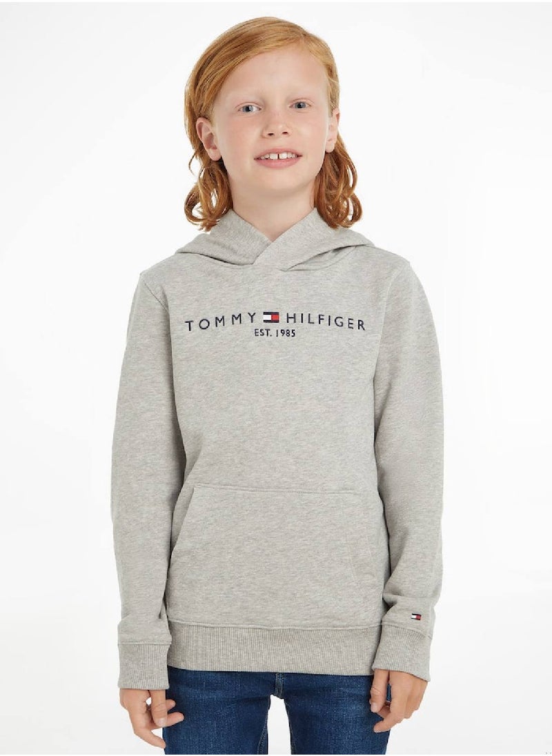 TOMMY HILFIGER - Kids' Essential Logo Organic Cotton Hoody Sweatshirt, Grey - Image 1