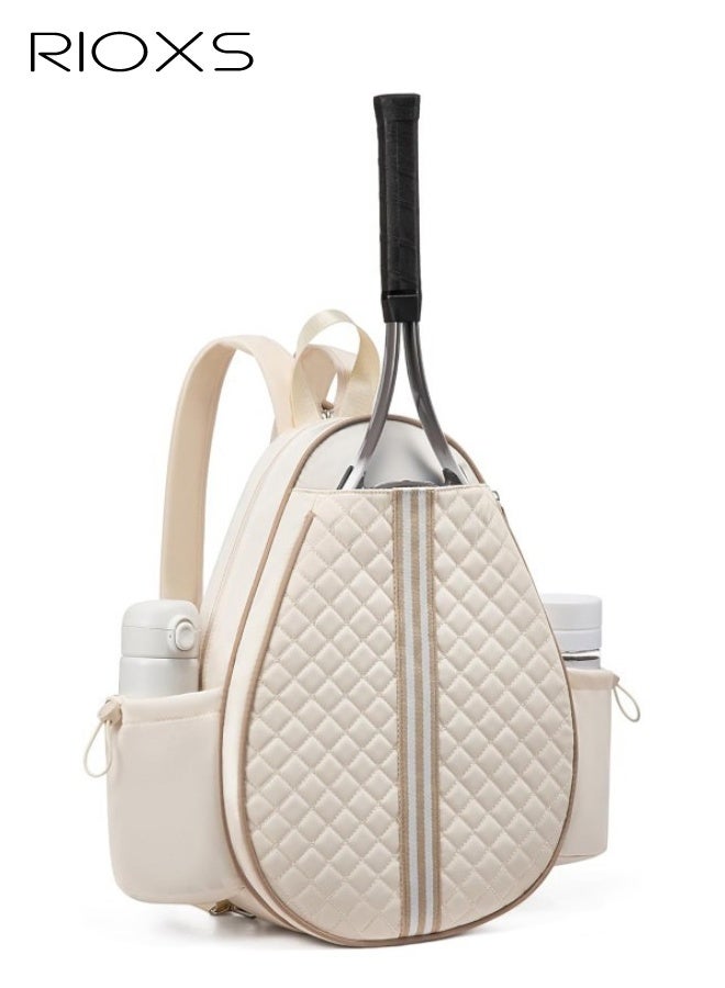 RIOXS Unisex Tennis Bag, Quilted Tennis Sling Crossbody Backpack for Rackets, Lightweight Waterproof Tennis Racket Bags for Women and Men, Tennis Backpack Crossbody and Shoulder Racket Bag for Pickleball Tennis Badminton Squash Racquet, Beige - Image 1