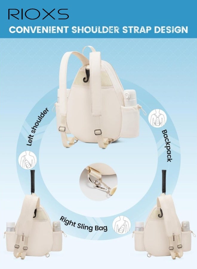 RIOXS Unisex Tennis Bag, Quilted Tennis Sling Crossbody Backpack for Rackets, Lightweight Waterproof Tennis Racket Bags for Women and Men, Tennis Backpack Crossbody and Shoulder Racket Bag for Pickleball Tennis Badminton Squash Racquet, Beige - Image 4