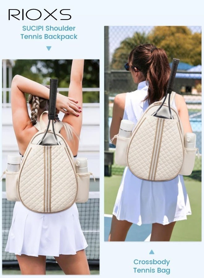 RIOXS Unisex Tennis Bag, Quilted Tennis Sling Crossbody Backpack for Rackets, Lightweight Waterproof Tennis Racket Bags for Women and Men, Tennis Backpack Crossbody and Shoulder Racket Bag for Pickleball Tennis Badminton Squash Racquet, Beige - Image 2