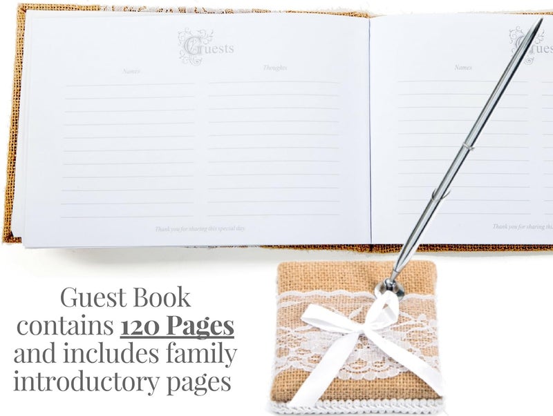 BETTERLINE Rustic Wedding Guest Book Made of Burlap and Lace - Includes Matching Pen Holder and Silver Pen - 120 Lined Pages for Guest Thoughts - Comes in Gift Box (Burlap Bow with Pearl Center) - Image 5
