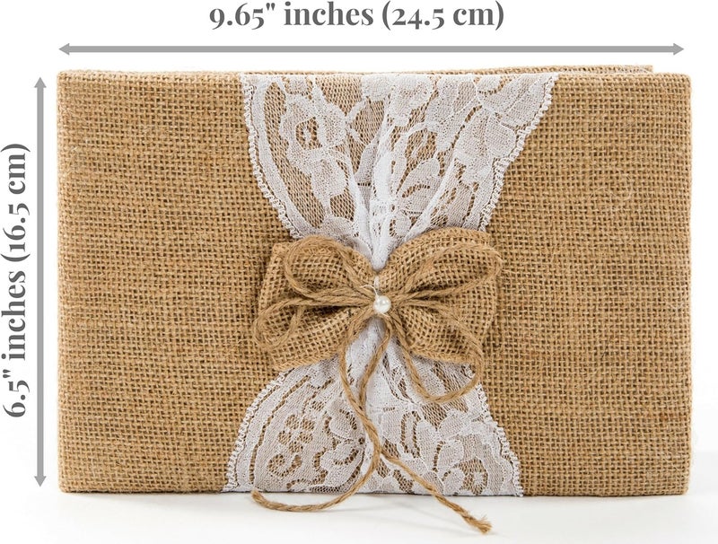 BETTERLINE Rustic Wedding Guest Book Made of Burlap and Lace - Includes Matching Pen Holder and Silver Pen - 120 Lined Pages for Guest Thoughts - Comes in Gift Box (Burlap Bow with Pearl Center) - Image 3