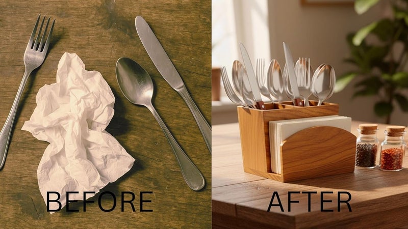 SYSI HOME Wooden Brown Dining Table Organizer – Cutlery Holder with Tissue Paper Stand | Spoon, Fork & Napkin Holder for Kitchen & Table | 15 x 10 x 12.5 cm - Image 5