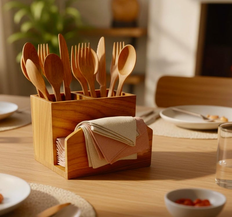 SYSI HOME Wooden Brown Dining Table Organizer – Cutlery Holder with Tissue Paper Stand | Spoon, Fork & Napkin Holder for Kitchen & Table | 15 x 10 x 12.5 cm - Image 1