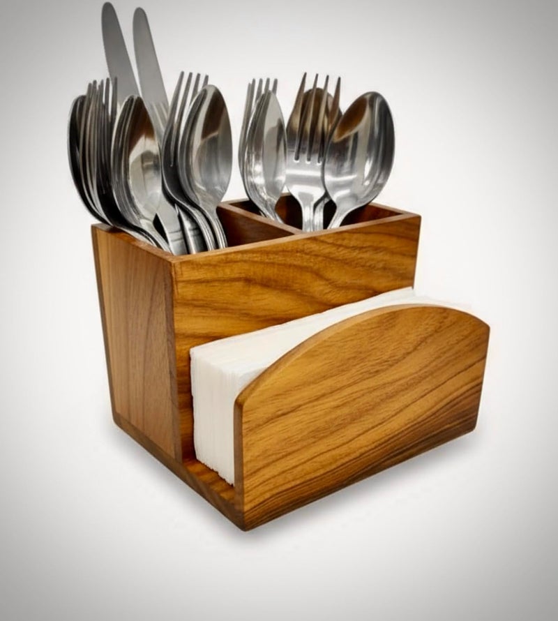 SYSI HOME Wooden Brown Dining Table Organizer – Cutlery Holder with Tissue Paper Stand | Spoon, Fork & Napkin Holder for Kitchen & Table | 15 x 10 x 12.5 cm - Image 2