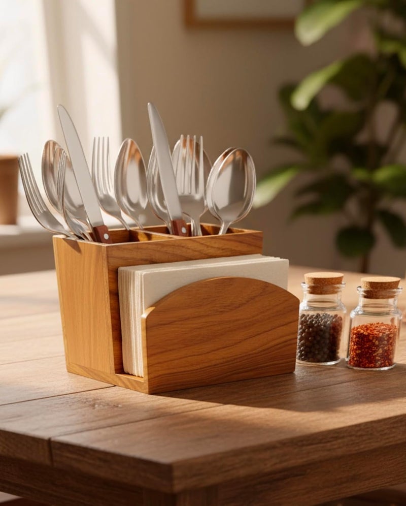 SYSI HOME Wooden Brown Dining Table Organizer – Cutlery Holder with Tissue Paper Stand | Spoon, Fork & Napkin Holder for Kitchen & Table | 15 x 10 x 12.5 cm - Image 3