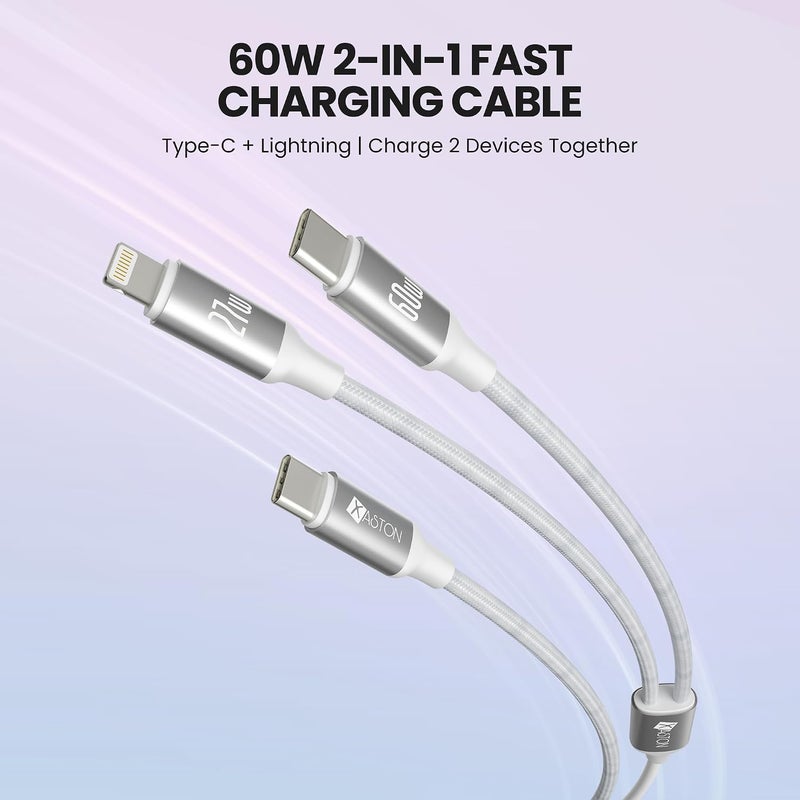 اكساستون كابل شحن 2 في 1 USB-C و Lightning، شحن سريع بقدرة 60 واط PD + شحن سريع بقدرة 27 واط، نقل بيانات بسرعة 480 ميجابت/ثانية، كابل شحن مزدوج مضفر من النايلون بطول 1.2 متر لأجهزة iPhone 16 15 14 13، iPad (أبيض) - Image 2