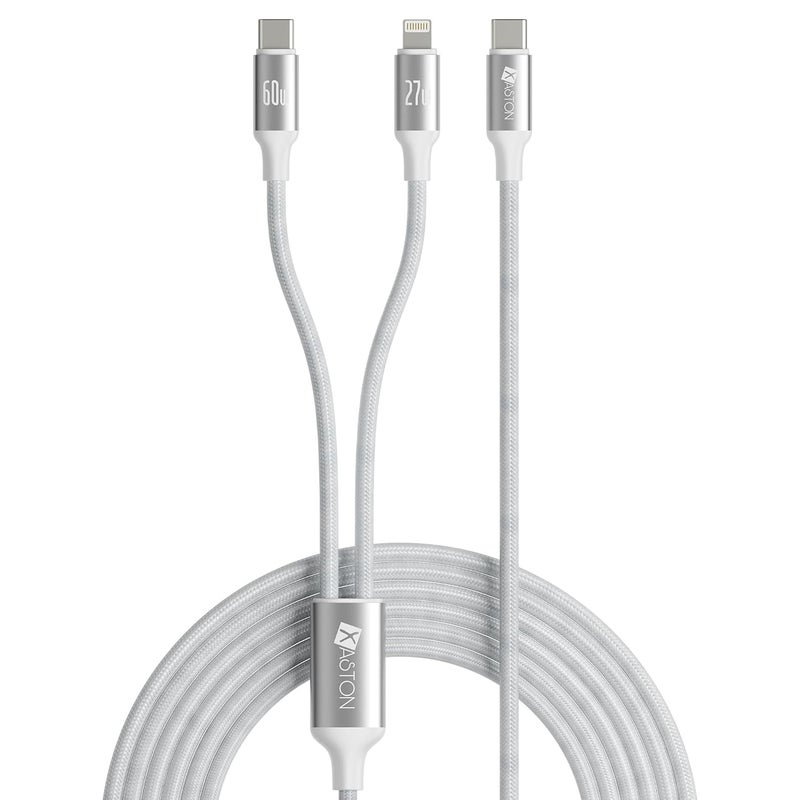 اكساستون كابل شحن 2 في 1 USB-C و Lightning، شحن سريع بقدرة 60 واط PD + شحن سريع بقدرة 27 واط، نقل بيانات بسرعة 480 ميجابت/ثانية، كابل شحن مزدوج مضفر من النايلون بطول 1.2 متر لأجهزة iPhone 16 15 14 13، iPad (أبيض) - Image 1