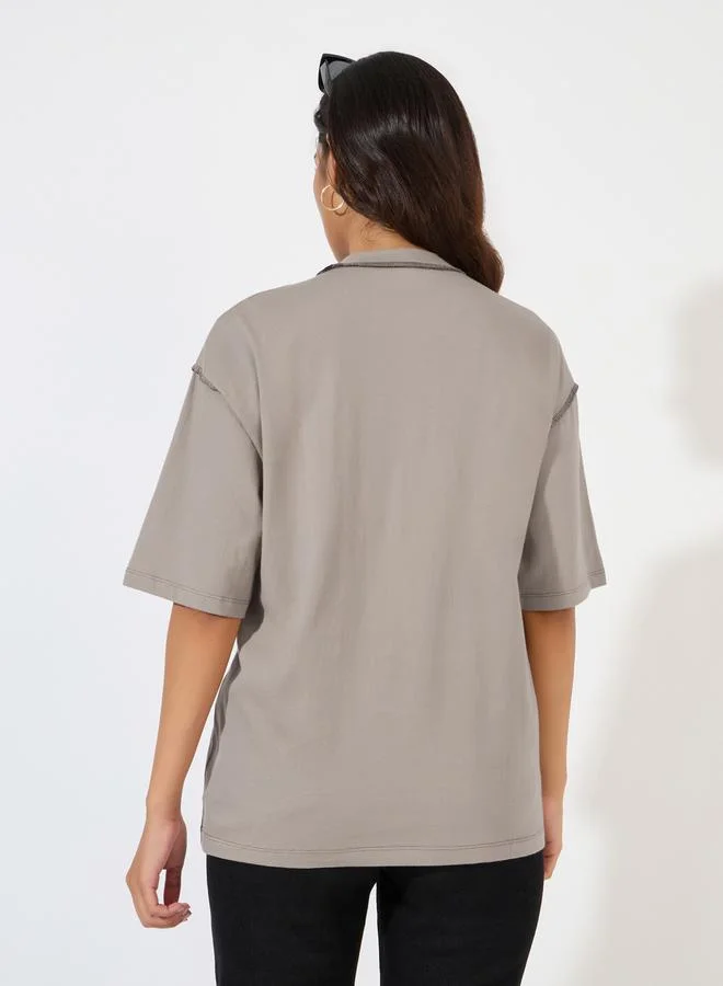 Styli Oversized Overlock Seam Detail Printed T-Shirt
