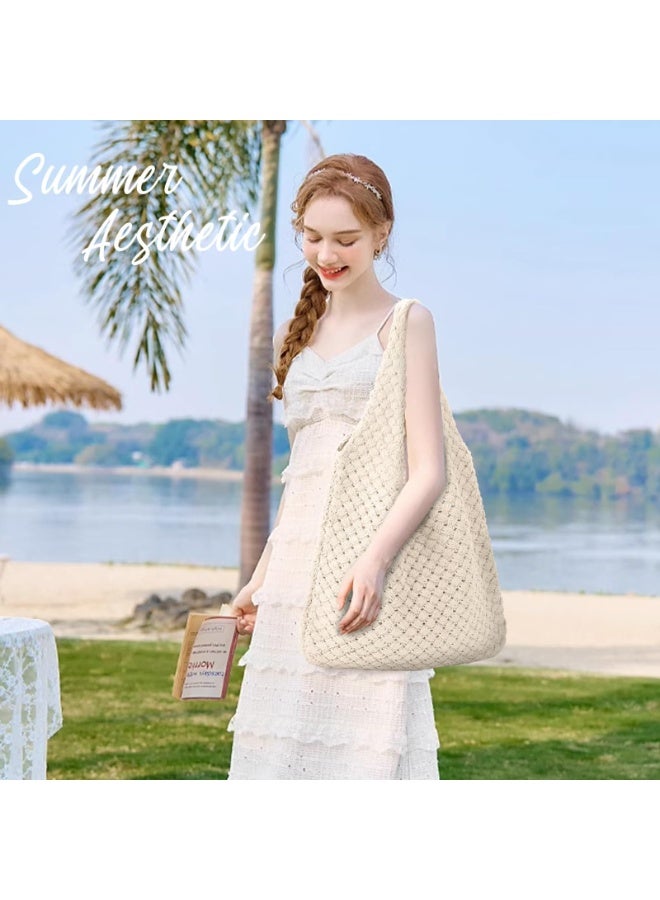 Crochet Beach Tote Bag for Women, Beige Knit Shoulder Mesh Bag, Lightweight Boho Style - Image 4