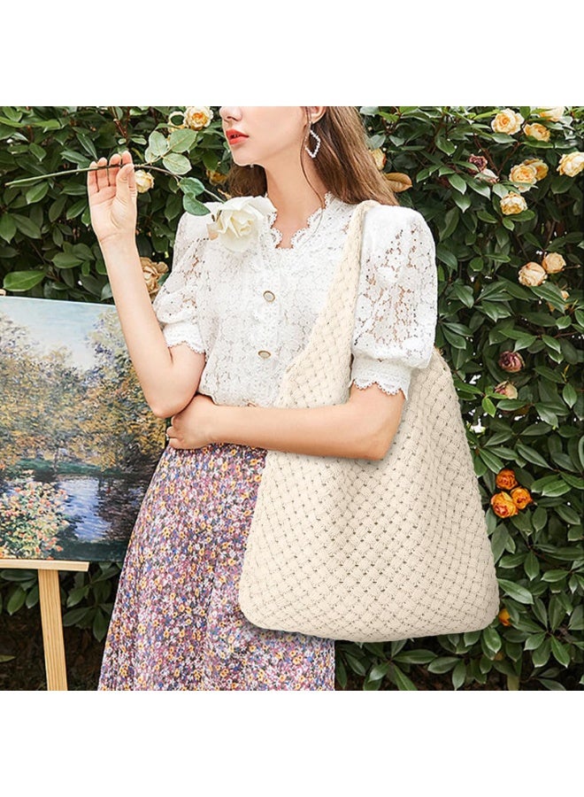 Crochet Beach Tote Bag for Women, Beige Knit Shoulder Mesh Bag, Lightweight Boho Style - Image 5