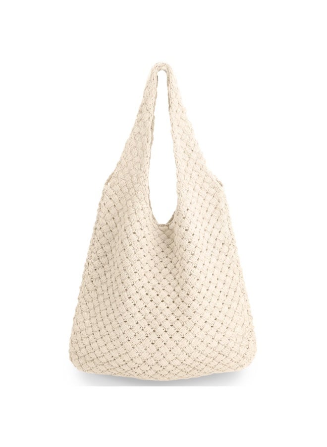 Crochet Beach Tote Bag for Women, Beige Knit Shoulder Mesh Bag, Lightweight Boho Style - Image 1