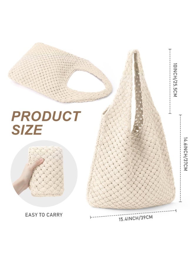 Crochet Beach Tote Bag for Women, Beige Knit Shoulder Mesh Bag, Lightweight Boho Style - Image 2