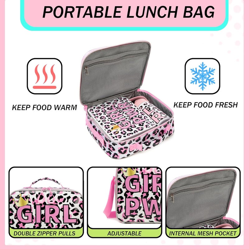Oruiji Kids Bento Lunch Box with 6 Compartments Girls Lunch Box with Lunch Bag,Leopard Print Stainless Steel Water Bottle,Ice Pack & Utensils Set,Birthday Gifts for Ages 3-12 Back to School Toddler Girls - Image 3