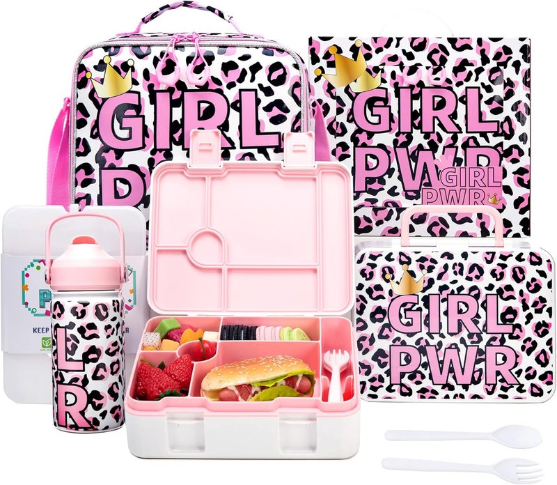 Oruiji Kids Bento Lunch Box with 6 Compartments Girls Lunch Box with Lunch Bag,Leopard Print Stainless Steel Water Bottle,Ice Pack & Utensils Set,Birthday Gifts for Ages 3-12 Back to School Toddler Girls - Image 1