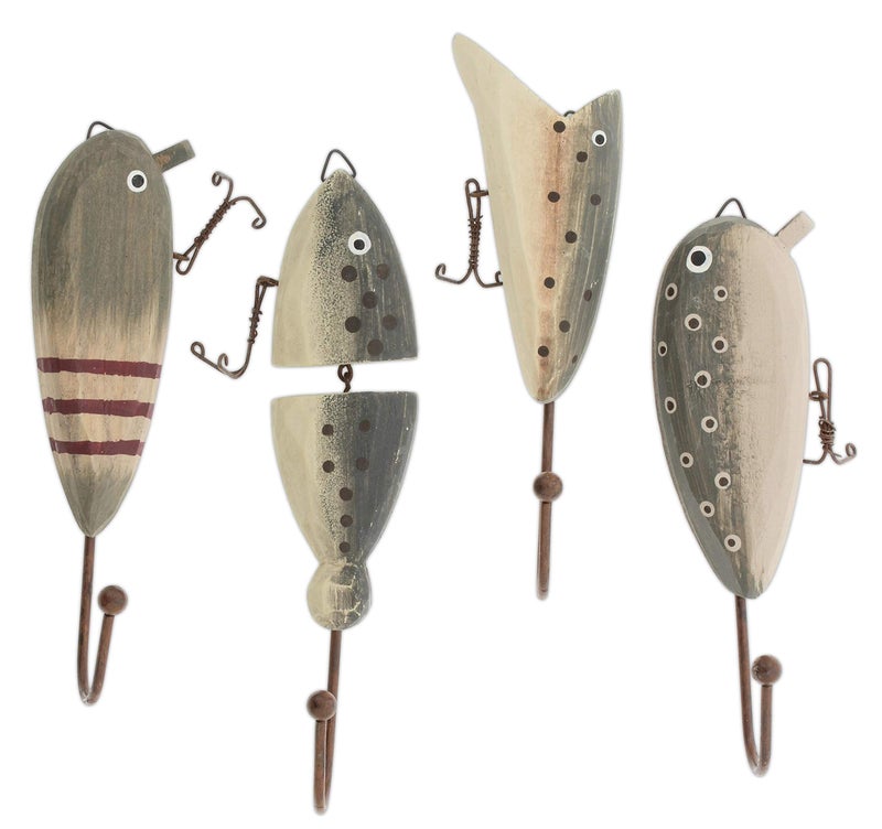 Distinctive Designs Wooden Fish Lure Wall Hooks, Set of 4, Green, Brown, 7H x 2W - Image 1