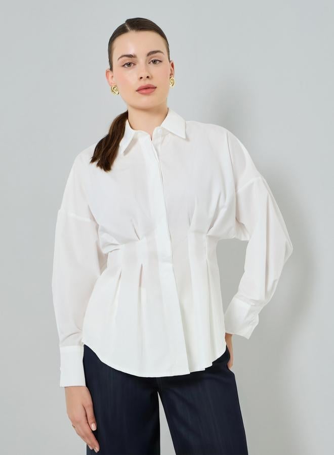 Styli Women White Long Sleeve Fold Pleated Shirt - Image 1