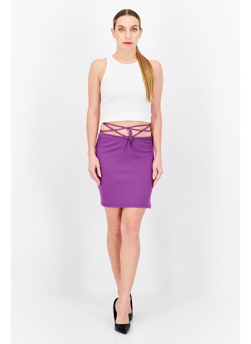 I SAW IT FIRST - Women Tie-Waist Ribbed Mini Skirt,Purple - Image 1