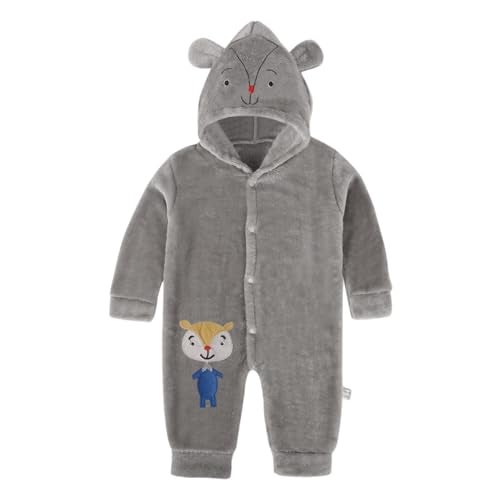 Bold N Elegant Cartoon Bear Warm Winter Fur Wool Full Sleeve Footless Baby Romper with Hood, Front Button Bodysuit for Newborn Infant Baby Boy Girl (Grey, 0-6 Months) - Image 2