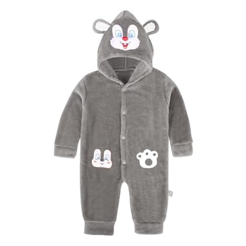 Bold N Elegant Cartoon Bear Warm Winter Fur Wool Full Sleeve Footless Baby Romper with Hood, Front Button Bodysuit for Newborn Infant Baby Boy Girl (Grey, 0-6 Months) - Image 1
