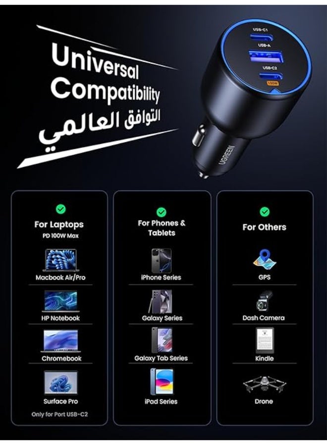 UGREEN ECO UGREEN 130W Macbook Car Charger Fast Charging, 3-Port USB Car Charger Type-C, Super Fast Mobile Phone Adapter, Compatible for Macbook Air/Pro, Samsung S25/S24/S23, iPhone 16/15/14/13 Series, HP Dell - Image 3