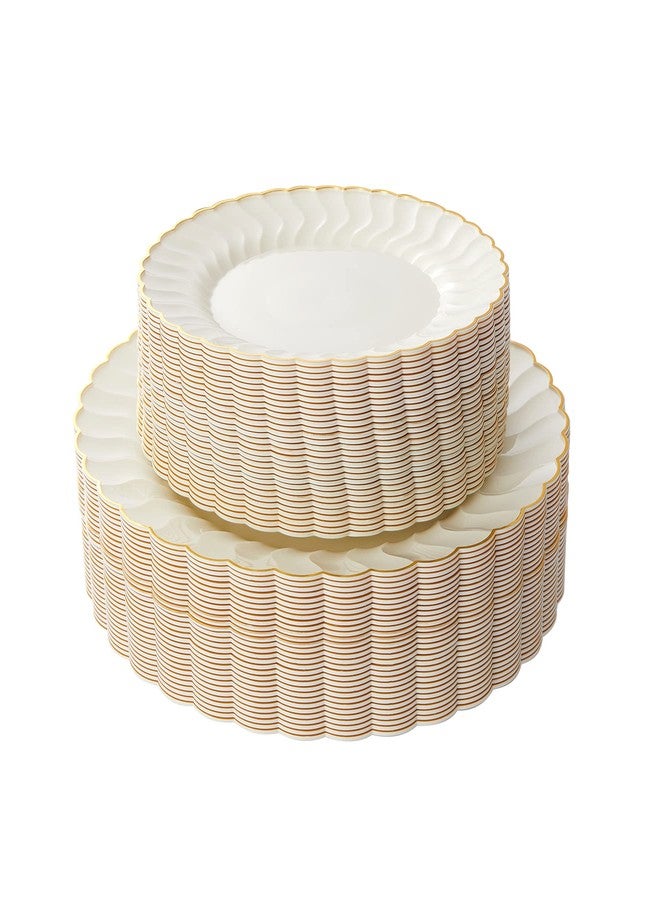 Lullaby 60PCS Ivory Scalloped Plastic Plates with Gold Rim, Disposable Elegant Plates Include 30pcs Dinner Plate 10.25", 30pcs Plastic Dessert Plate 7.5", Perfect for Wedding and Party - Image 1