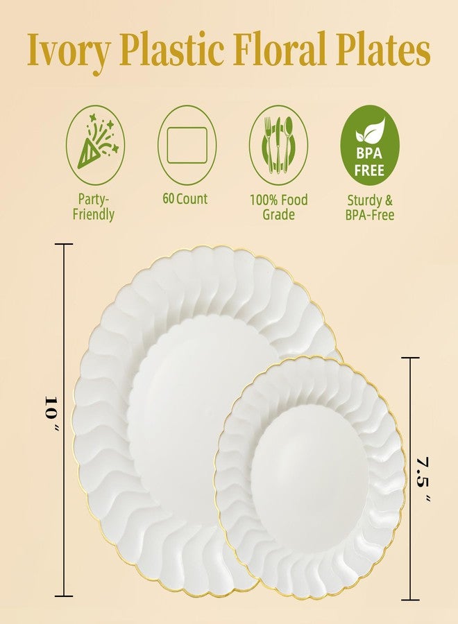 Lullaby 60PCS Ivory Scalloped Plastic Plates with Gold Rim, Disposable Elegant Plates Include 30pcs Dinner Plate 10.25", 30pcs Plastic Dessert Plate 7.5", Perfect for Wedding and Party - Image 2