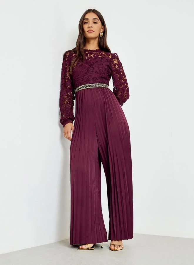 Styli Women Lace Pleated Wide Leg Jumpsuit