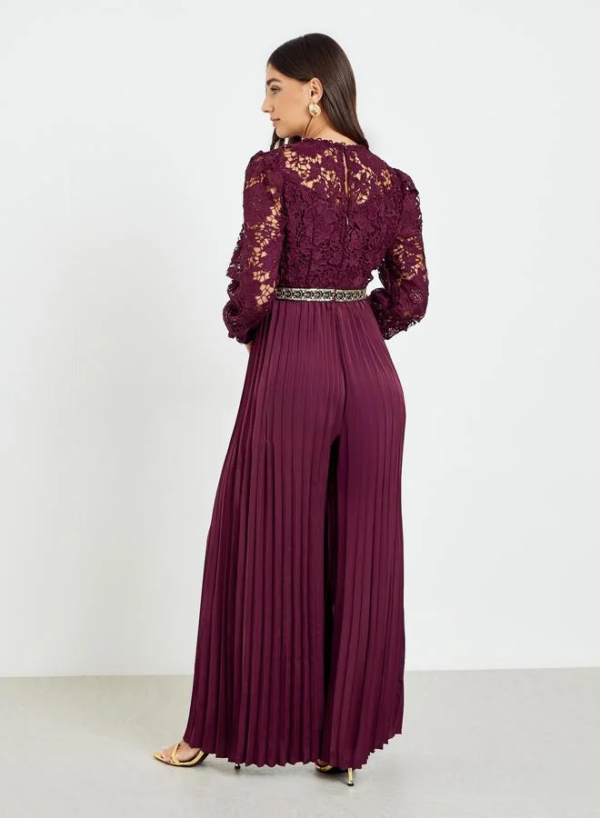 Styli  Women Lace Pleated Wide Leg Jumpsuit for Women | Best Price UAE