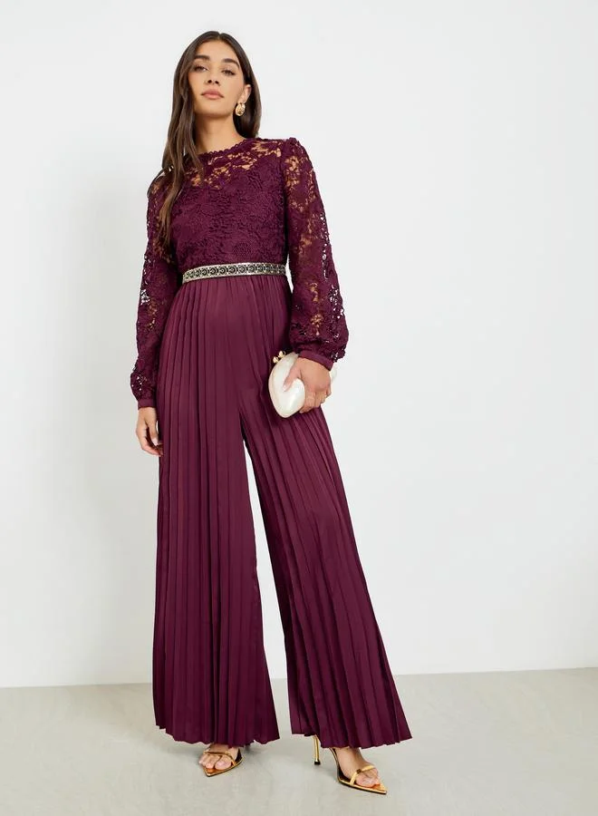 Styli Women Lace Pleated Wide Leg Jumpsuit