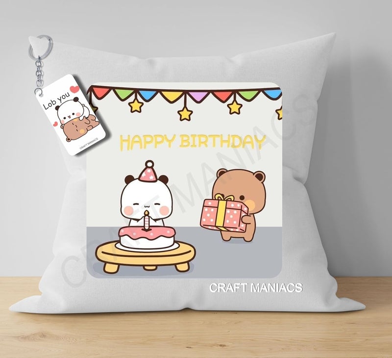 CRAFT MANIACS كرافت مانيكس بوبو دودو وسادة مفاتيح هابي بيرثداي كومبو A 16 16 وسادة مع حشوة داخلية ومفتاح خشبي MDF مجاني - Image 1