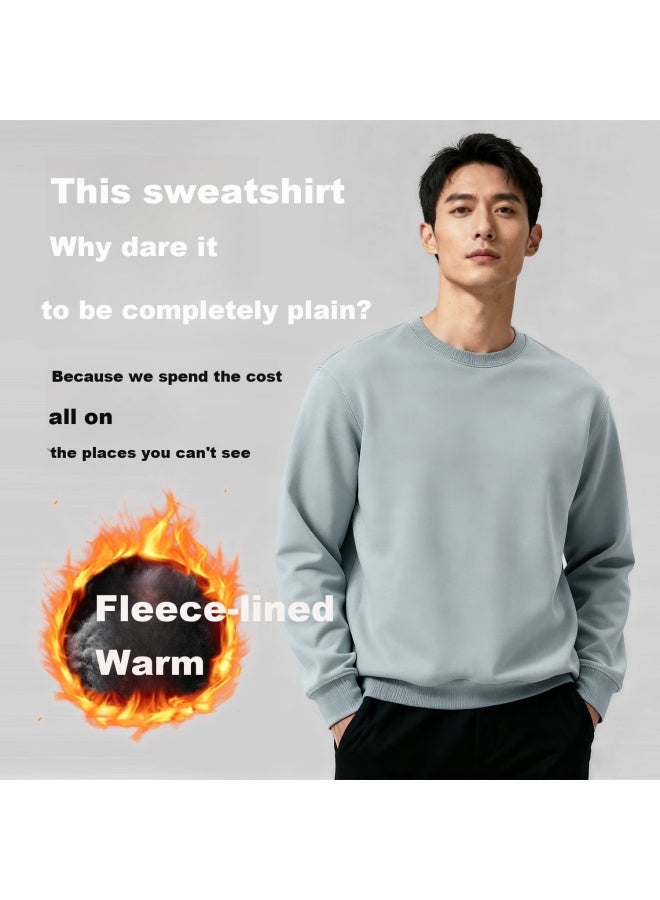 Markless Fleece-lined Men's Sweatshirt Autumn Winter Casual Crewneck Warm Pullover 0434m3 Sky Blue Fleece XL - Image 1