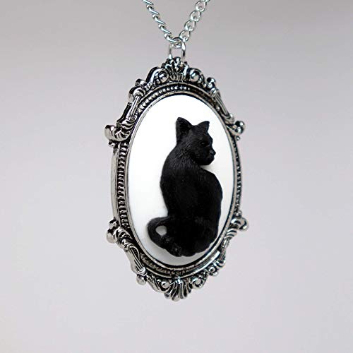 Real Metal Black Cat Cameo in Antique Silver Finish Pewter Frame Pendant Necklace - Image 4