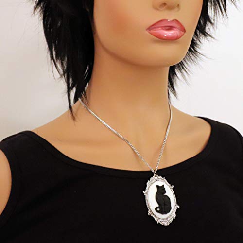 Real Metal Black Cat Cameo in Antique Silver Finish Pewter Frame Pendant Necklace - Image 2