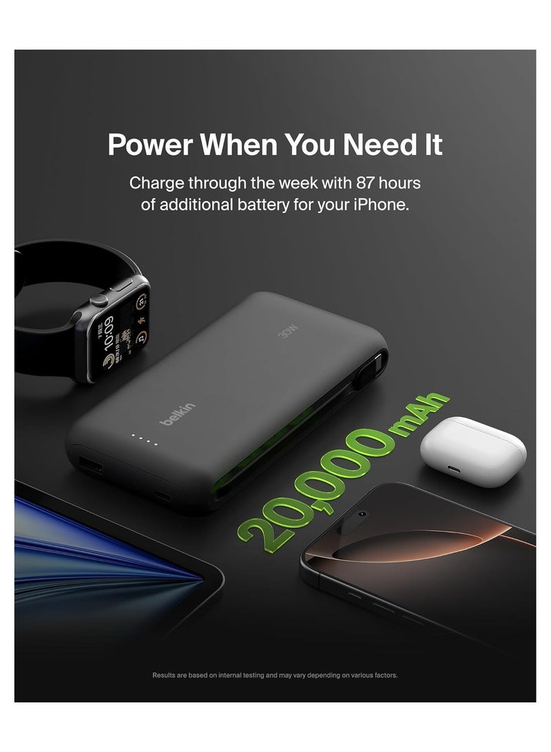 شاحن محمول Belkin، بسعة 20 ألف مللي أمبير مع كابل مدمج يدعم الشحن السريع بقدرة 30 واط يوصل الطاقة باستخدام منفذ USB-C، شاحن محمول لسلسلة iPhone 16 وiPad Pro، وسلسلة Galaxy S25، وغير ذلك الكثير - أسود 20000 mAh - https://f.nooncdn.com/p/pzsku/ZA5C8990F72E19E17CB5FZ/45/_/1779344644/0ea7d5cb-76e4-489b-bc2b-cd97a7f6bdea.jpg
