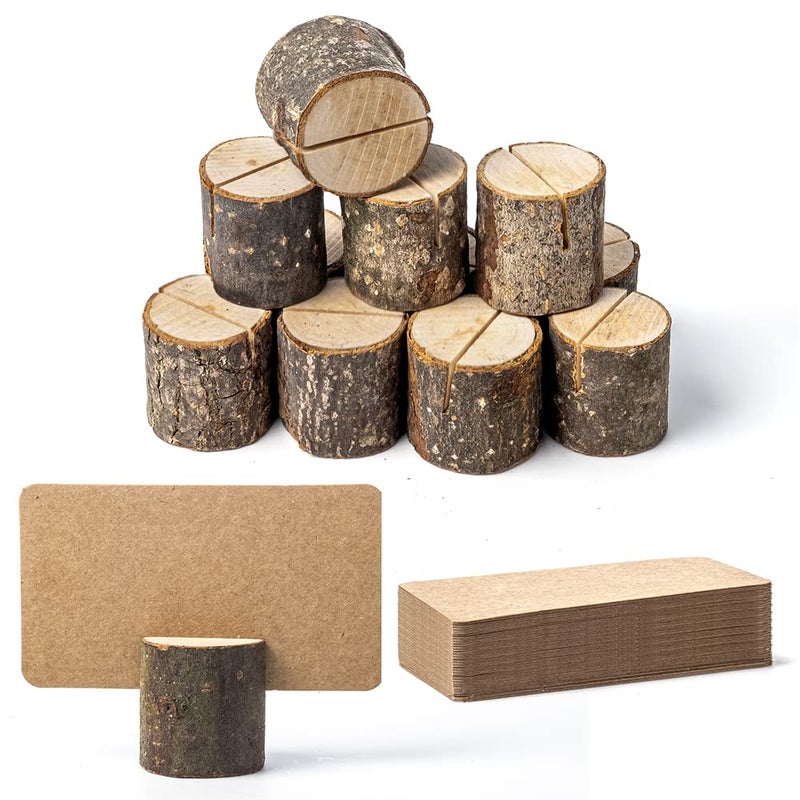 Jofefe 12Pcs Mini Wood Place Card Holders and 24Pcs Kraft Place Cards, Rustic Table Number Holders, Food Labels for Party Buffet, Name Card Photo Picture Holders for Harvest Fall Thanksgiving Wedding Birthday Party - Image 1
