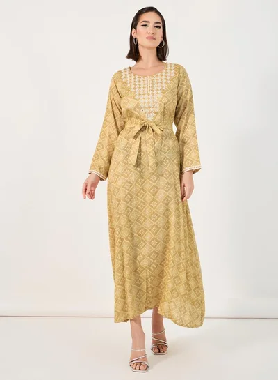 Styli All-Over Print Embroidered Jalabiya with Waist Tie Detail