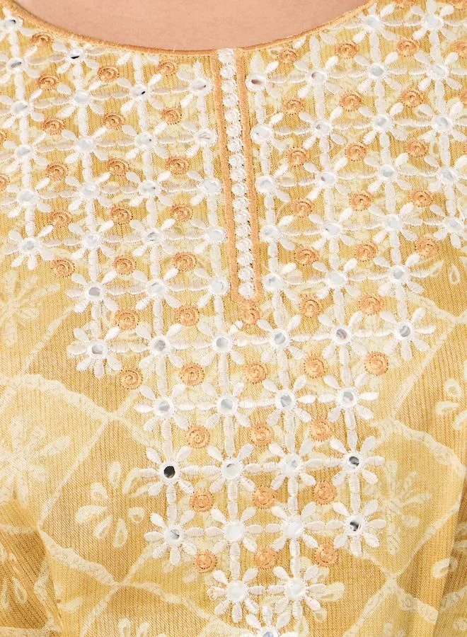 Styli All-Over Print Embroidered Jalabiya with Waist Tie Detail