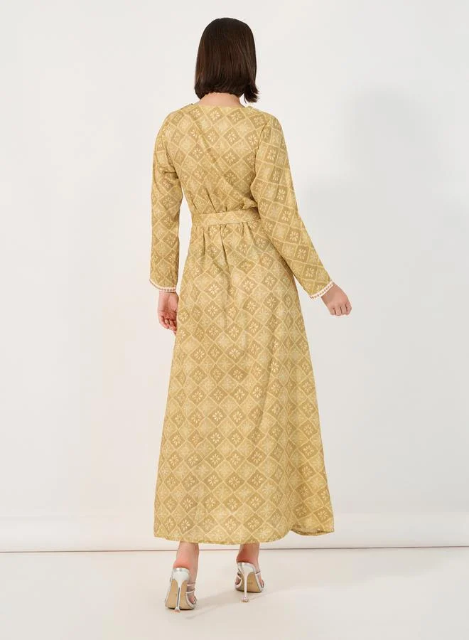 Styli All-Over Print Embroidered Jalabiya with Waist Tie Detail
