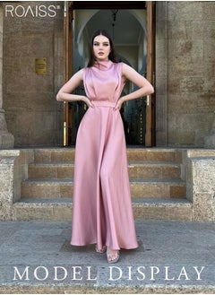 roaiss Stylish Satin Smooth Sleeveless  Polo Neck Dress Women's Daily Commuting Banquet Waist Tightening Long  A-Line High-Rise Skirt  for Ladies Ramadan Eid al-Adha  - Image 3
