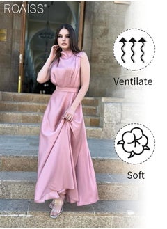 roaiss Stylish Satin Smooth Sleeveless  Polo Neck Dress Women's Daily Commuting Banquet Waist Tightening Long  A-Line High-Rise Skirt  for Ladies Ramadan Eid al-Adha  - Image 5